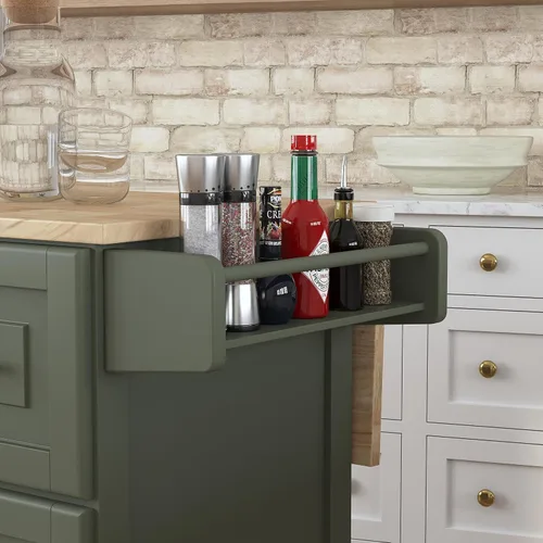 Vista 9 de Homestyles Carrito móvil de isla de cocina con parte superior de madera y barra de desayuno con hoja desplegable, 18" de profundidad x 53.5" de Verde