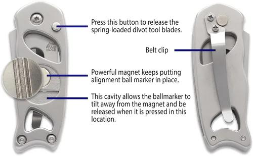 Vista 5 de Indiana Metal Craft Switchblade Golf Divot - Herramienta de reparación de acero inoxidable con dos marcadores de bola de alineación de putting