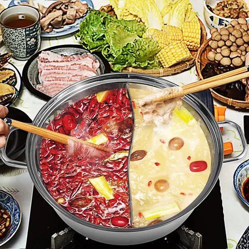 Vista 4 de Shabu Shabu Shabu eléctrico de doble cara con quemador y tapa de vidrio, 5.0L, acero inoxidable con control múltiple