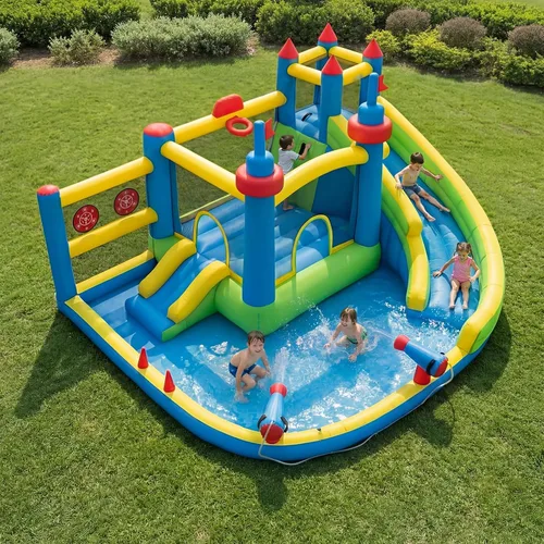 Vista 11 de Tobogán acuático inflable para patio trasero de niños con soplador de 450 W, castillo de salto con tobogán de agua, parque acuático para actividades