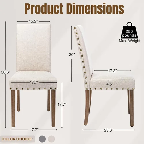 Vista 2 de Juego de sillas de comedor Parsons para cocina, tapizadas, modernas, de tela con respaldo alto y ribete de cabeza de clavo en bronce, paquete de 2