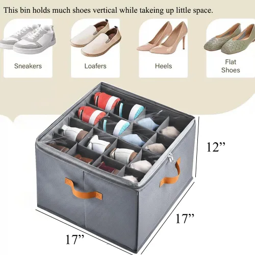 Vista 2 de Caja organizadora de zapatos plegable para armario y debajo de la cama, divisores ajustables, capacidad para hasta 16 pares, apilable, gris