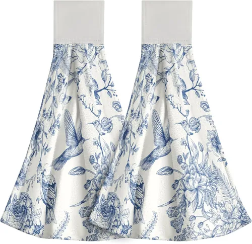 Vista 37 de Poppy Flower Hanging Hand Towels Set of 2,17x12 Inch Watercolor Chinoiserie Yellow Black Floral Soft Absorbent Dish Cloth Tie Towel for Kitchen