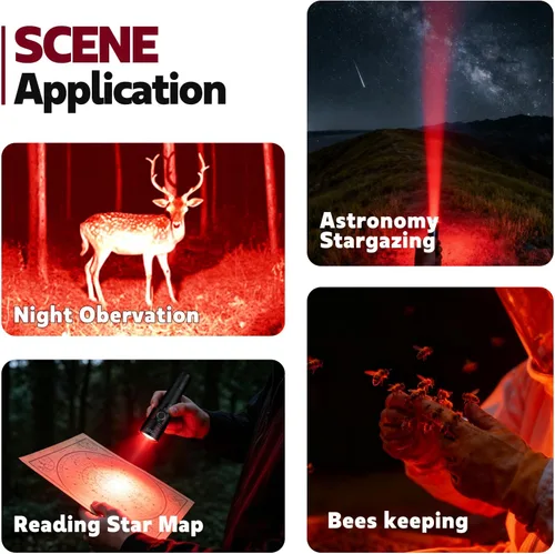 Vista 6 de Linterna LED roja de alta potencia recargable, 300 yardas linterna roja IP65 impermeable luz roja antorcha para observación nocturna, camping