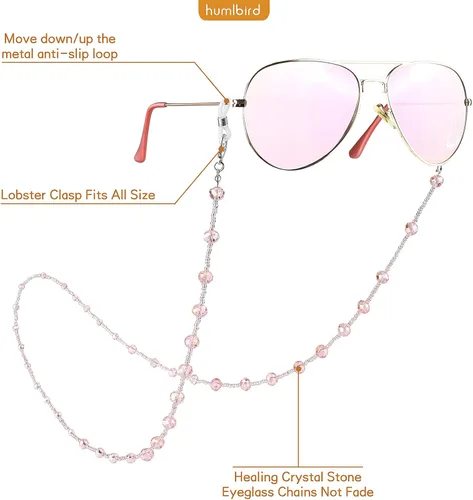Vista 4 de humlbird Cadena de gafas para mujer, elegante cordón de máscara de cristal natural, cadena de gafas de ojos