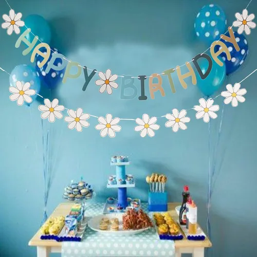 Vista 3 de Cartel de feliz cumpleaños con diseño de margarita para niños y adultos, decoración de fiesta de cumpleaños (azul + blanco)