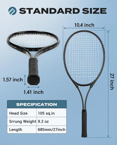 Vista 3 de HIRALIY Juego de raquetas de tenis de 27 pulgadas para adultos, raquetas de tenis preencordadas para 2 jugadores, 2 cintas de sobreagarre, 3 pelotas