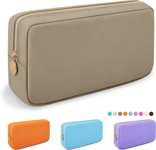 Vista 58 de Iqimott Bolsa Grande de Maquillaje de Nylon, Neceser de Viaje, Bolsa Grande de Cosméticos Preppy, Organizador de Maquillaje de Nylon, Bolsa de Beige