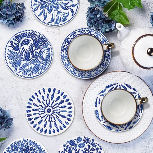 Vista 6 de YLOLUL Juego de 8 posavasos de diamante con soporte, posavasos de diamante de acuarela azul para principiantes, adultos y niños, suministros