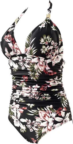 Vista 75 de RXRXCOCO - Traje de baño fruncido de una pieza, con cuello en V, para mujer, con control de abdomen y cuello halter