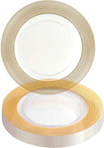 Vista 13 de PARTY BARGAINS Placas de carga de 13 pulgadas, paquete de 4, borde dorado transparente, cargadores desechables resistentes para comedor elegante Un
