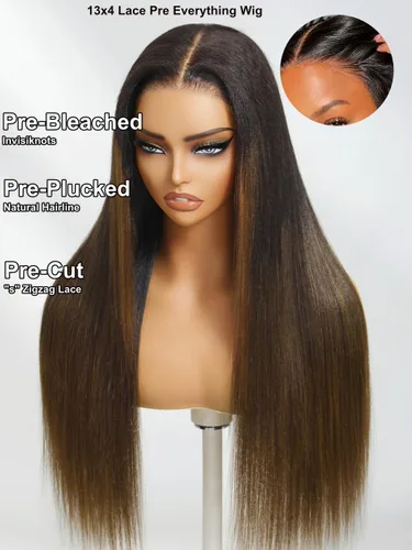 Vista 4 de UNICE Yaki - Pelucas de cabello humano lacio con encaje frontal 13x4, con cordón, Pre-Todo, sin pegamento, peluca de cabello humano frontal