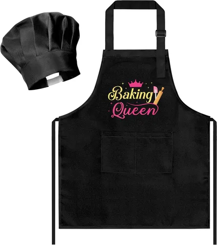 Vista 16 de R HORSE Juego de delantal y sombrero de chef para niños, 2 piezas, mini parrilla ajustable, delantal de cocina para niños, juego de rol, juguete