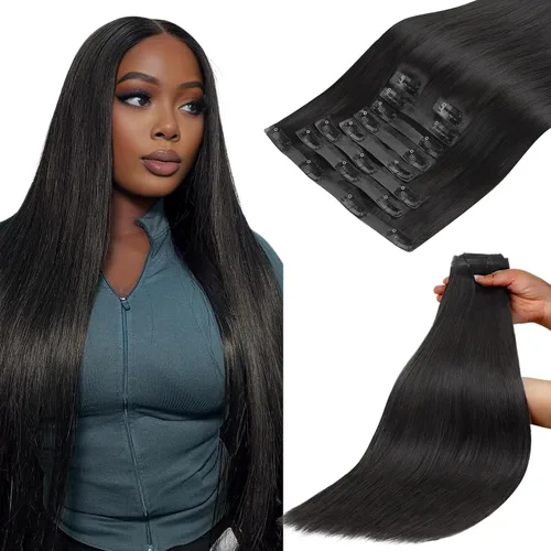 Vista 57 de Lashey Extensiones de cabello humano con clip, sin costuras, #1, color negro azabache, extensiones de cabello humano real, extensiones de cabello