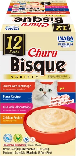 Vista 18 de INABA Churu Bisque para gatos mayores de 10 años, Puré cremoso en sobre, 1.4 onzas por sobre, 12 sobres en total, Receta de atún con salmón