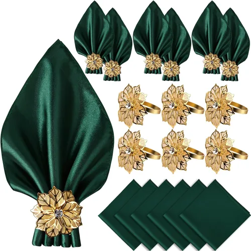 Vista 13 de VIJIV Juego de 12 servilletas de tela y juego de 6 anillos para servilletas dorados, 17x17 servilletas de cena de satén cuadradas con flores