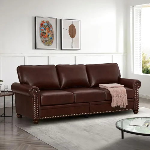 Vista 19 de Antetek Juego de sofá de piel sintética de 3 piezas, sillón moderno de mediados de siglo+sofá biplaza+sofá de 3 plazas con espacio de Marrón