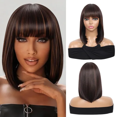 Vista 10 de Kalyss - Pelucas cortas de cabello negro con flequillo para mujer, peluca de cabello sintético completo, resistente al calor, peluca corta y recta