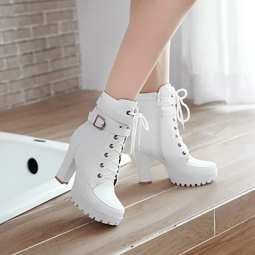 Vista 3 de MIOKE Botines elegantes con plataforma de punta redonda para mujer, con cordones, cierre de cremallera, tacón alto, botines cortos