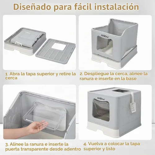 Vista 7 de AiQinu Caja de arena plegable extragrande para gatos de 80 litros con tapa