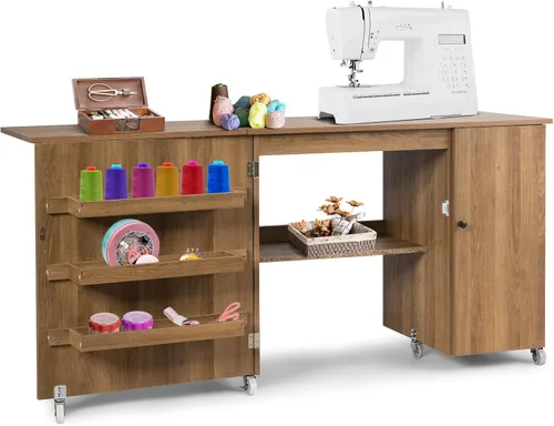 Vista 11 de GIANTEX Mesa de costura plegable con estación de carga, bandejas