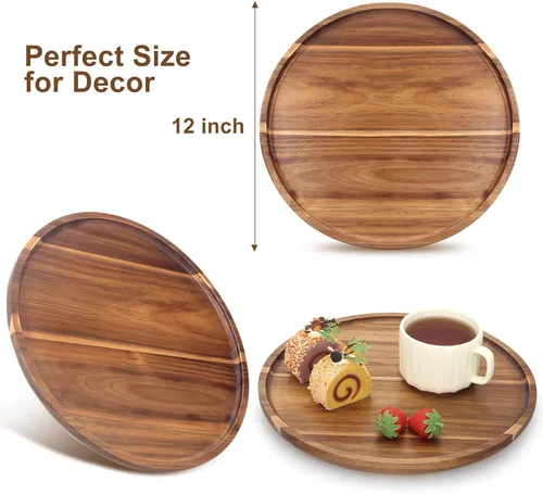 Vista 5 de Bandeja redonda de madera de acacia, bandejas decorativas para mesa de café otomana, portavelas, bandeja de cocina, acentos de isla, decoración