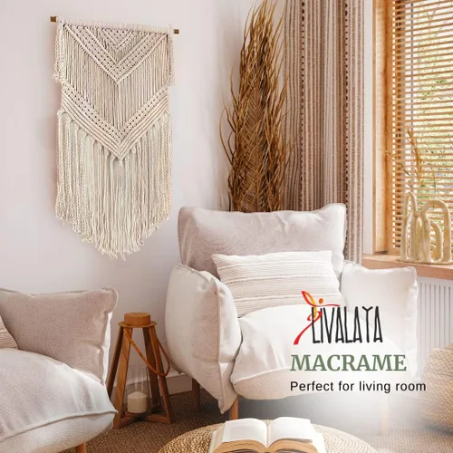 Vista 6 de Livalaya Tapiz bohemio tejido de macramé para colgar en la pared, color beige, 16 x 36 pulgadas, moderno tapiz bohemio para decoración de pared