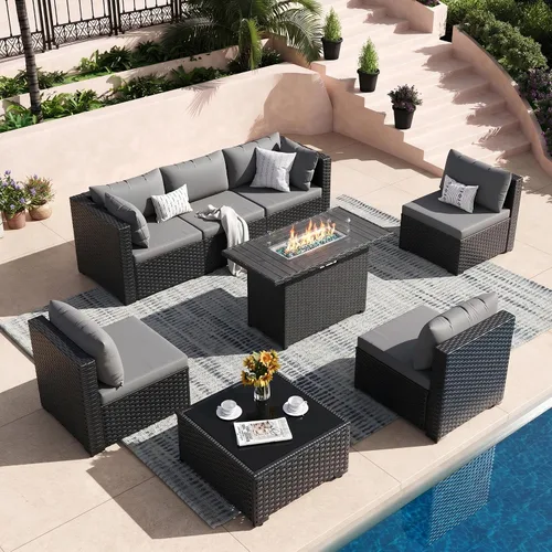 Vista 12 de Juego de muebles de patio, sofá seccional de mimbre para exteriores Beige/Negro