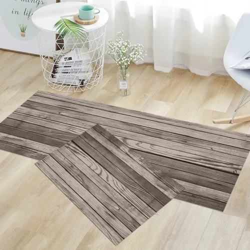 Vista 24 de GUBIYU Juego de 2 alfombras y tapetes de cocina de madera campestre, lavables, rústicas, tablones de madera marrón, alfombras de baño