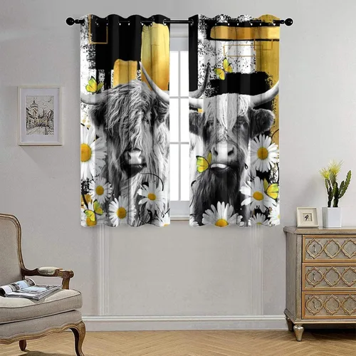 Vista 4 de Cortinas opacas con ojales de arte abstracto y moderno para dormitorio, diseño de grafiti de acuarela, margaritas geométricas, yak, mariposas