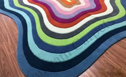 Vista 3 de Alfombra de forma irregular con patrón de ilusión copetuda a mano, 100% lana, hecha a mano (color multicolor, 6 x 6 pies)