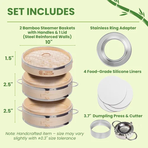 Vista 2 de Dumpling - Vaporera de Bambú de 10 Pulgadas, Canasta de Madera de 2 Niveles con Mango, Adaptador de Anillo, Forro de Silicona Reutilizable, Kit