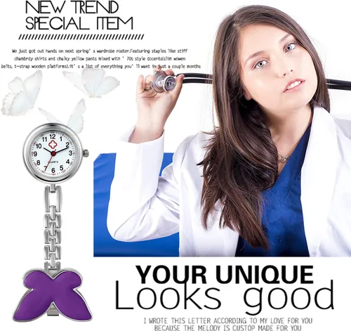 Vista 2 de Avaner - Reloj de bolsillo con clip para mujer, de acero inoxidable, de cuarzo, con cara de corazón, con solapa, reloj de bolsillo colgante