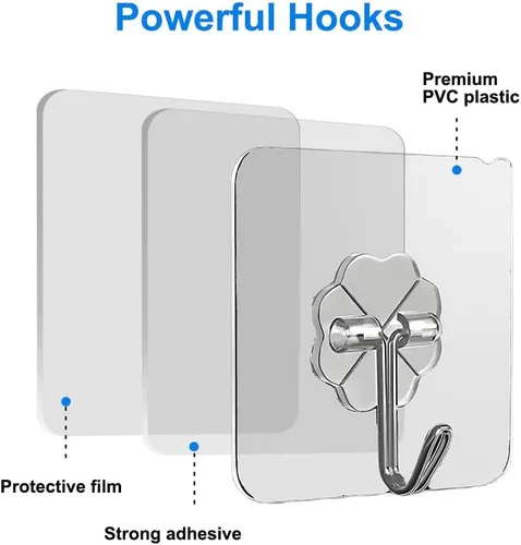 Vista 2 de Paquete de 12 ganchos autoadhesivos resistentes – transparentes, impermeables, ganchos de pared adhesivos para llaves, baño, ducha, exterior, Claro