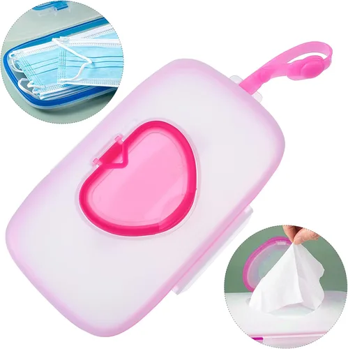 Vista 6 de Caja dispensadora de toallitas para bebé, 2 unidades, caja de pañuelos, contenedor de toallitas para toallitas para viajes, al aire libre, color rosa