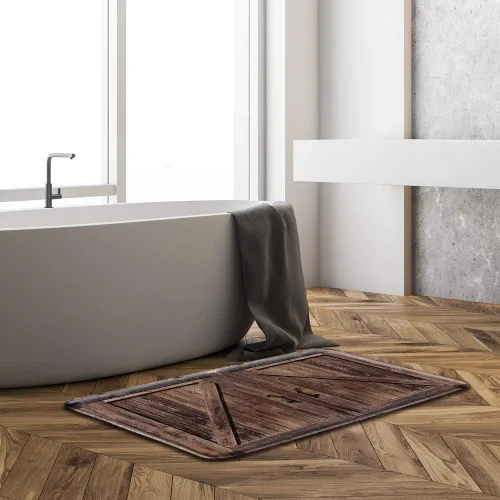 Vista 4 de 3 Piece Rustic Barn Door Bath Mat Sets Vintage Farmhouse Wooden Board Plank Retro Western Country Style 16"x24" Bathroom Rugs,Toilet Seat