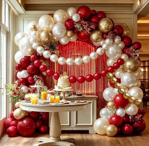 Vista 7 de Arco de globos de oro rojo y blanco, doble relleno, kit de guirnalda de globos de enlace rojo, cortina de flecos para cumpleaños, despedida de Oro