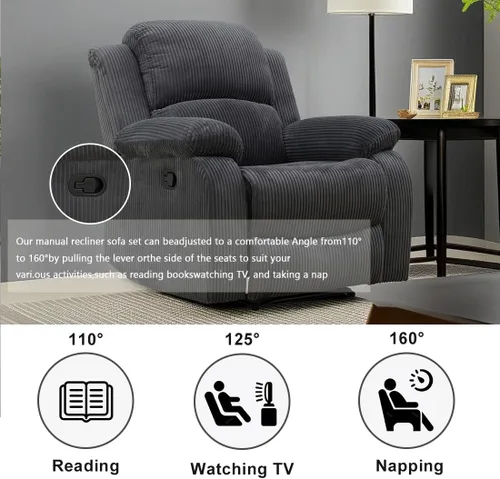 Vista 5 de Juego de sala de Estar reclinable de 3 piezas, juego de sofá reclinable Manual para conjunto de muebles de sala de Estar, con consola de Gris oscuro
