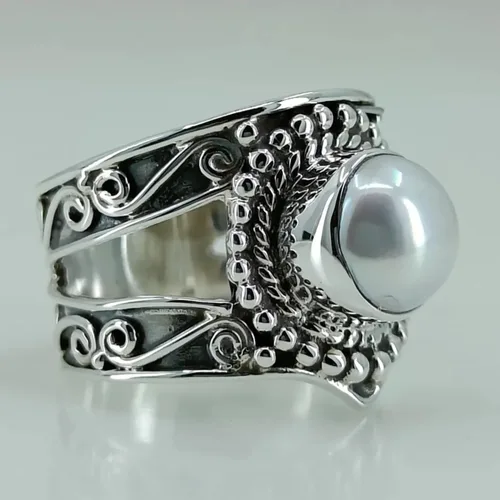 Vista 5 de Navya Craft Anillo de perlas, anillo de promesa de plata de ley 925 para mujer, perla de agua dulce natural, piedras preciosas redondas hechas a