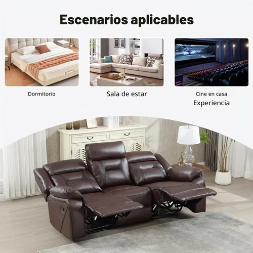 Vista 5 de Sofá reclinable manual de cuero sintético, sofá reclinable de 3 plazas, sofá cama para sala de estar, muebles, sala de reuniones, marrón oscuro