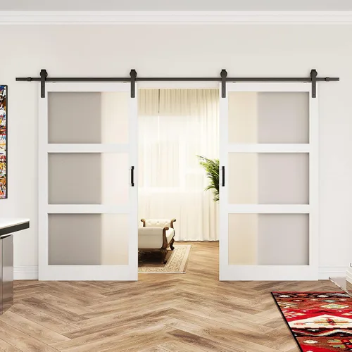 Vista 8 de Puerta corrediza de granero con espejo de 3 paneles de 36 x 84 pulgadas, kit de herramientas incluido, requiere montaje, superficie de PVC a prueba