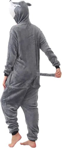Vista 6 de ZOBAYOP Pijama unisex con capucha de animales para adultos para mujeres y hombres, disfraz de Halloween, cosplay, husky