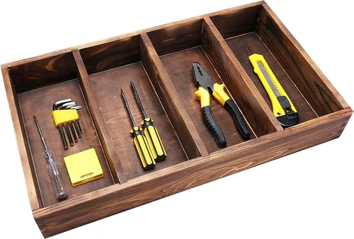 Vista 3 de MyGift Bandeja organizadora de cajones de madera quemada con 4 ranuras, utensilios multiusos, cubiertos, contenedor de madera para herramientas