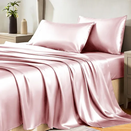 Vista 16 de Juego de sábanas de satén CozyLux de microfibra sedosa con bolsillo profundo, sábana bajera plana y fundas de almohada, suave y suave