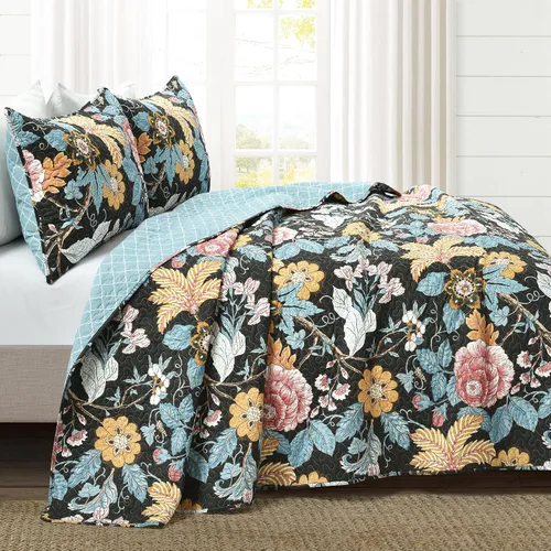 Vista 2 de Lush Decor Sydney - Juego de edredón reversible de algodón, juego de 3 piezas, matrimonial/queen, negro y azul, juego de ropa de cama de algodón