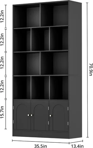 Vista 2 de Housoul Estantería de 71 pulgadas de alto con 10 cubos y 3 puertas, estantería de 4 niveles, estantería abierta con gabinete, organizador de Negro