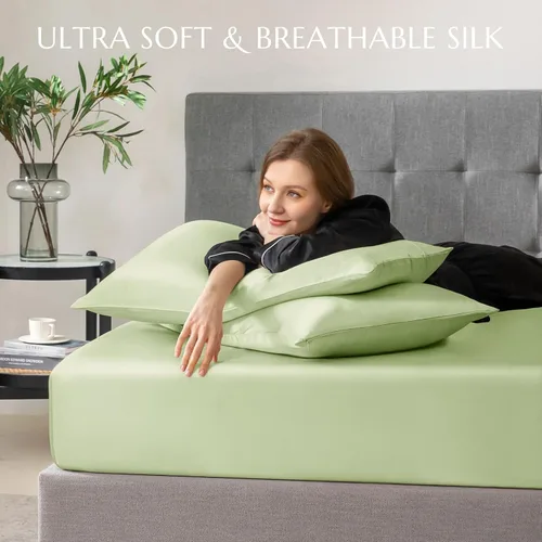 Vista 20 de THXSILK Juego de sábanas bajeras de 100% seda de morera, 3 piezas de seda 7A+, transpirable, suave, sábana bajera de 16 pulgadas de profundidad, 2