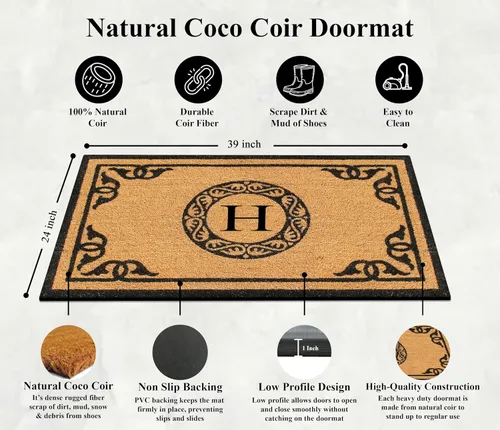 Vista 3 de A1HC - Felpudo con Monograma de Fibra de Coco Natural para Entrada Exterior, Tapetes Tratados Anti-Desprendimiento, Tapete de Entrada de Servicio