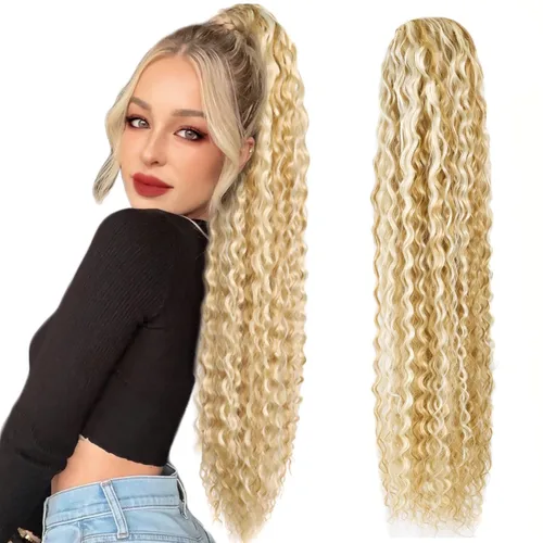 Vista 9 de Extensión de cola de caballo larga con cordón sintético de 26 pulgadas, moño rizado 4# Clip en extensión de pelo para mujer