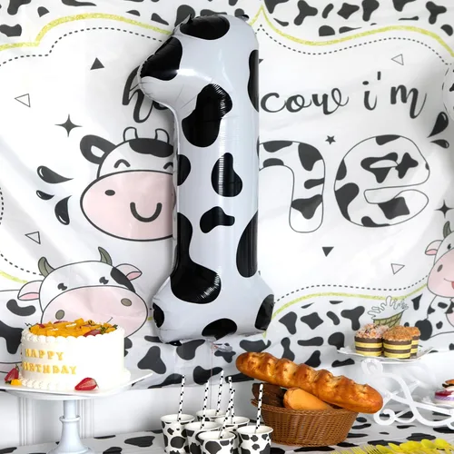 Vista 3 de Suministros de decoración de cumpleaños de globos con estampado de vaca, globo número 0 de 40 pulgadas, decoraciones de fiesta de cumpleaños